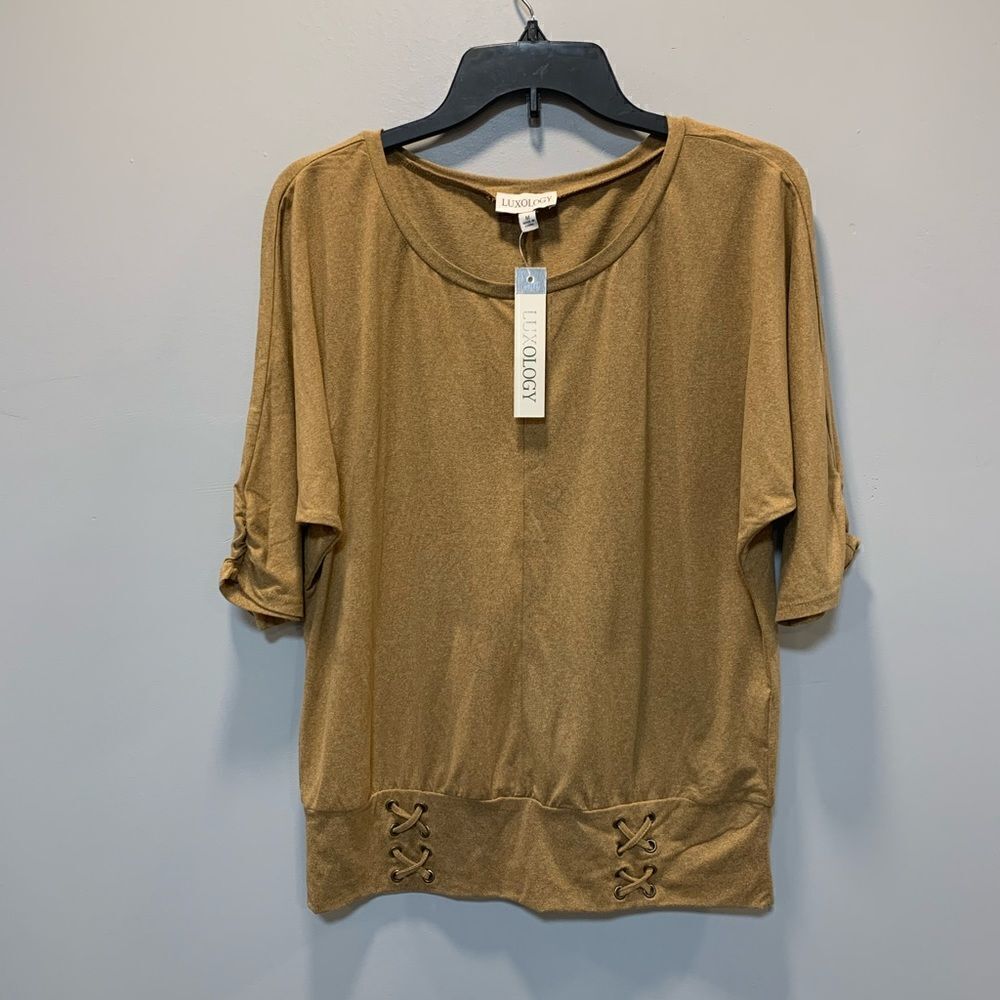 NWT Luxology tan 3/4 chinched sleeve tapered waist top - Picture 5 of 12